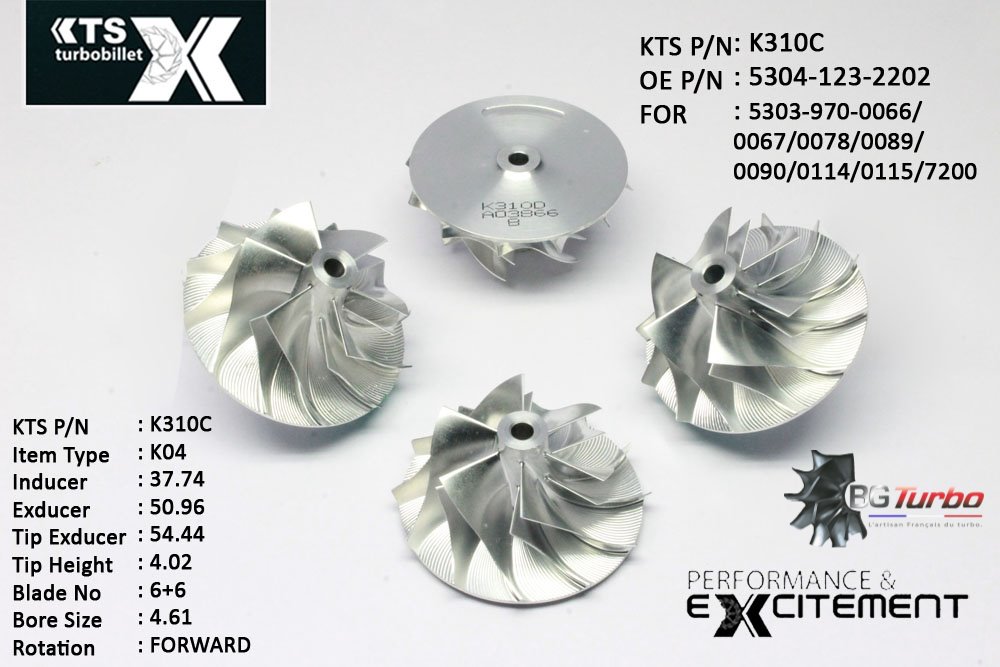 Turbo ROUE FORGÉE MFS PERFORMANCE - 6+6 PALES - INDUCER : 37,74 - EXDUCER : 50,96 - TYPE : K04ANGLE : 60° - ROTATION : Forward - SUPER BACK : 1,8 - BORE SIZE : 4,61
